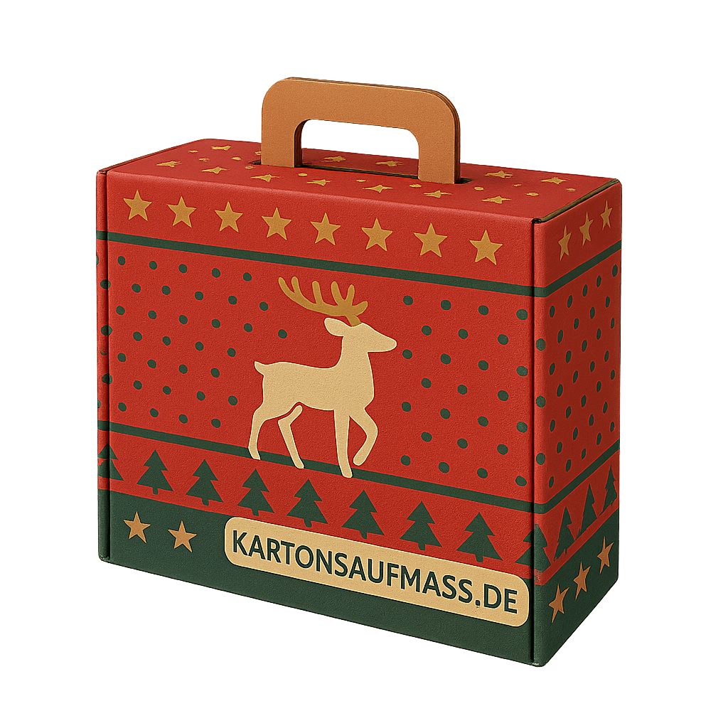Weihnachtlich bedruckter Kofferkarton aus stabilem Wellkarton mit braunem Griff, rotem und grünem Design, Rentiermotiv, Sternen- und Tannenbaumdekoration sowie der Aufschrift | Kartonsaufmass.de