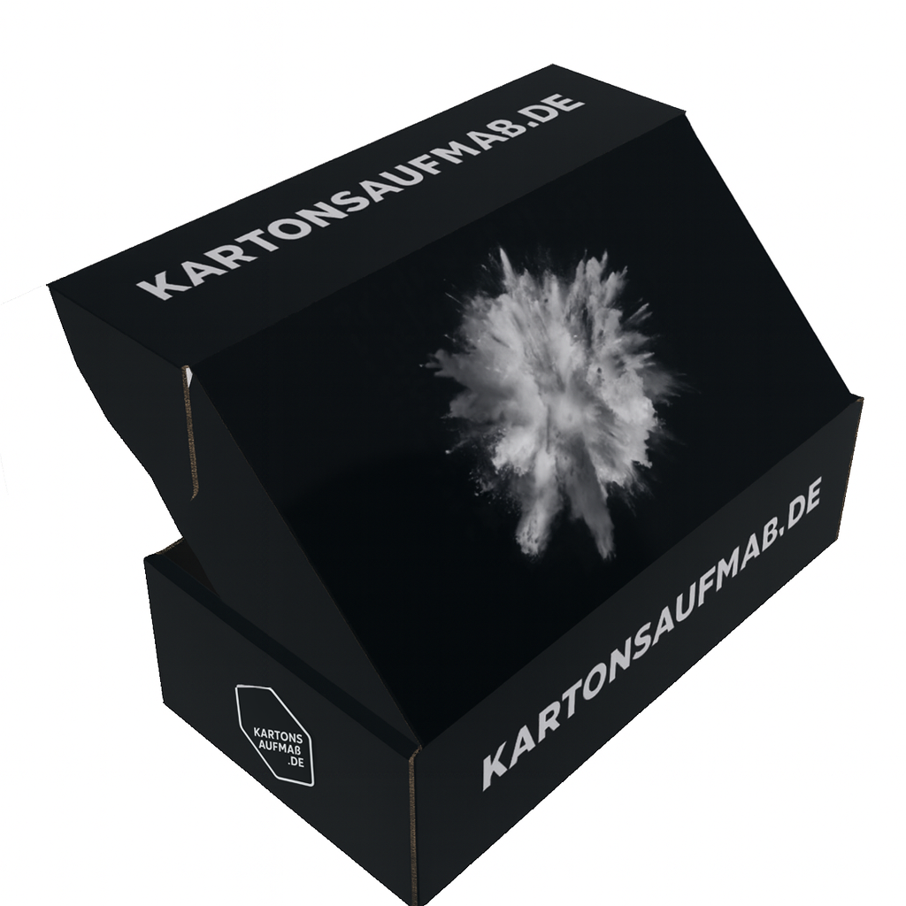 Box aus schwarzem Karton mit weißem Aufdruck | Kartonsaufmass.de