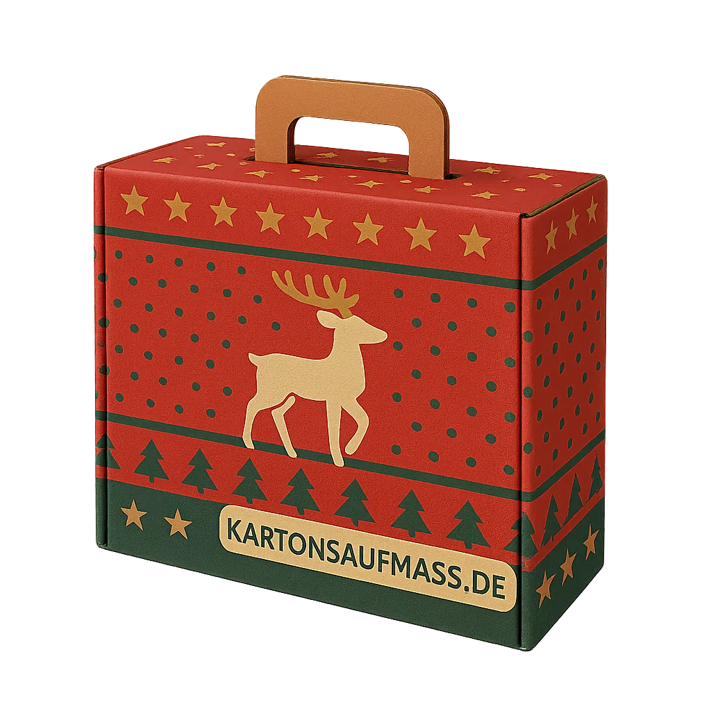 Weihnachtlich bedruckter Kofferkarton aus stabilem Wellkarton mit braunem Griff, rotem und grünem Design, Rentiermotiv, Sternen- und Tannenbaumdekoration sowie der Aufschrift | Kartonsaufmass.de