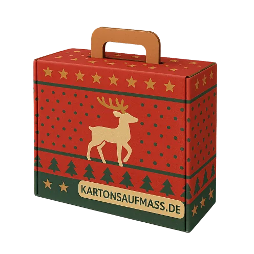 Weihnachtlich bedruckter Kofferkarton aus stabilem Wellkarton mit braunem Griff, rotem und grünem Design, Rentiermotiv, Sternen- und Tannenbaumdekoration sowie der Aufschrift | Kartonsaufmass.de