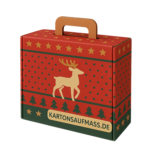 Weihnachtlich bedruckter Kofferkarton aus stabilem Wellkarton mit braunem Griff, rotem und grünem Design, Rentiermotiv, Sternen- und Tannenbaumdekoration sowie der Aufschrift | Kartonsaufmass.de