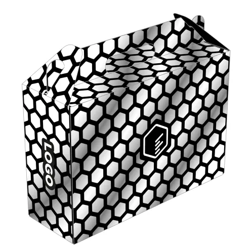 Bedruckte Kofferkarton aus stabiler Wellpappe, schwarz-weißes Wabenmuster, individuell mit Logo bedruckbar – ideal als Versandkarton oder Geschenkverpackung. | Kartonsaufmass.de