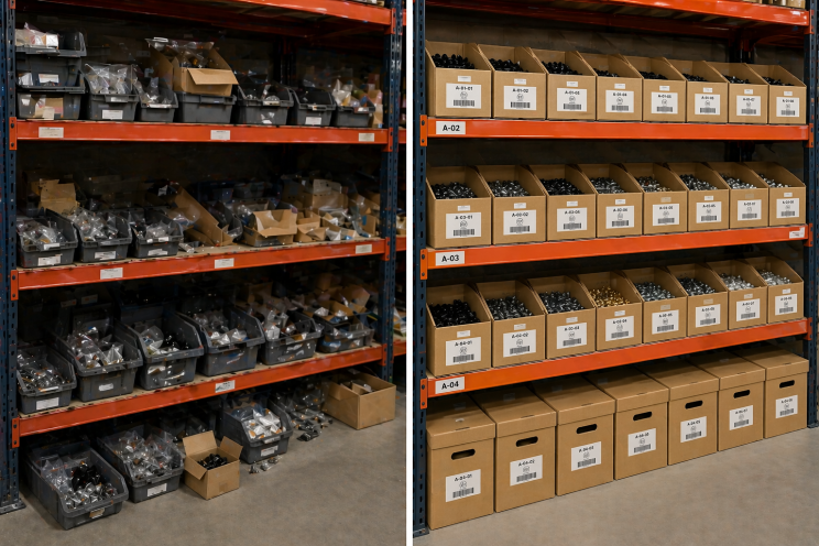 Lagerbehälter aus Pappe für ein aufgeräumtes Regal